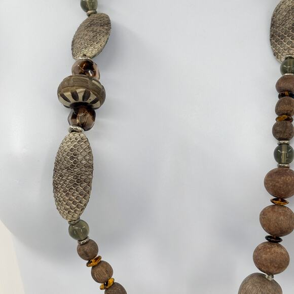Vintage Chunky 34" Brown Beaded Necklace with Snakeskin Earthy Design - Picture 3 of 5